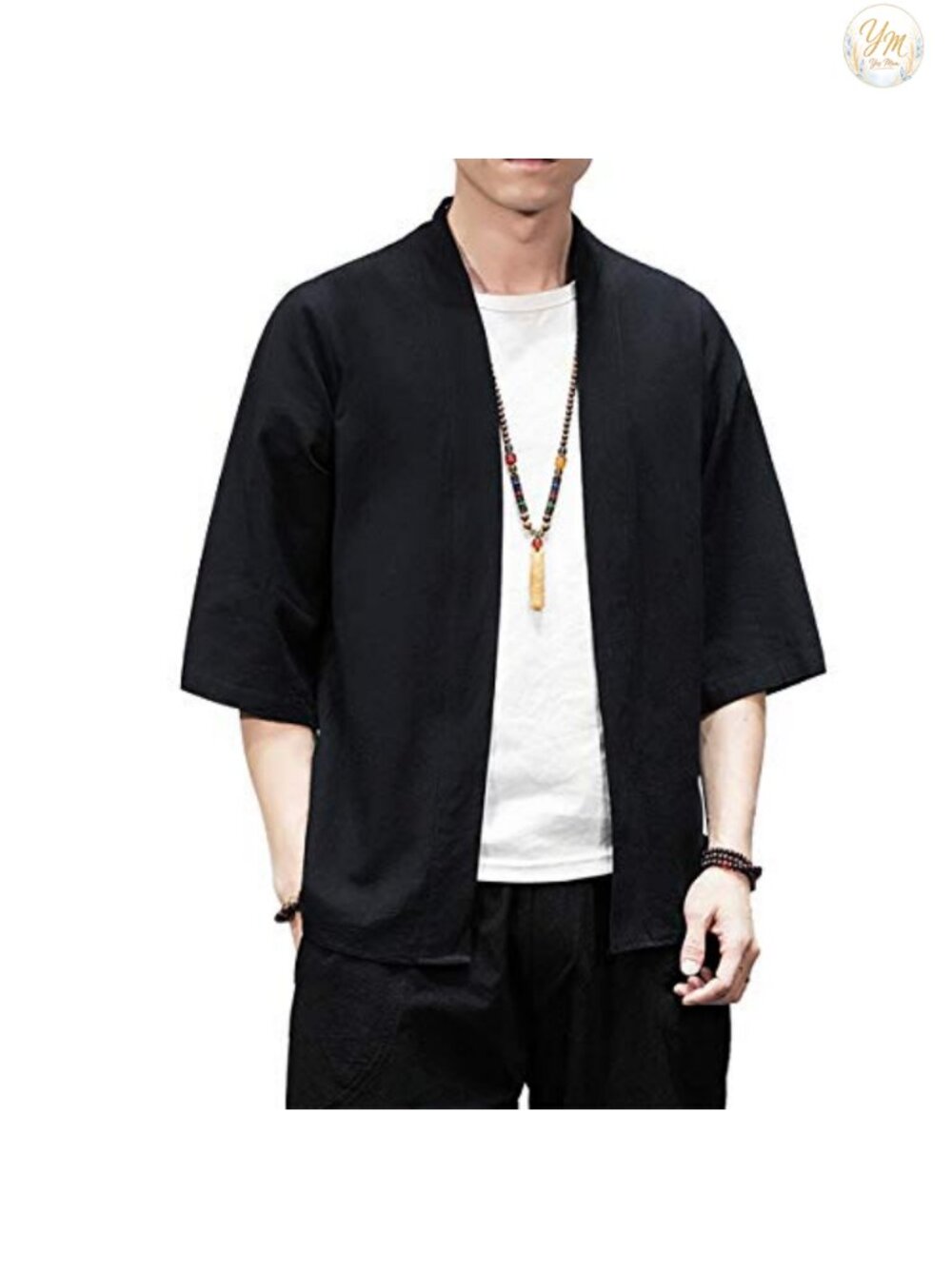 Men's Cotton Linen Kimono Cardigan Japanese Haori 3/4 Sleeve Loose Fit - Picture 4 of 6